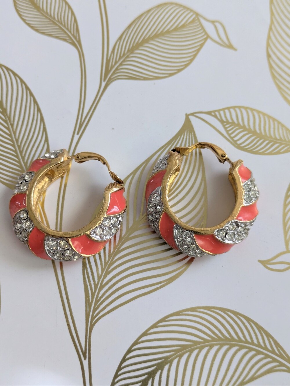 Vintage Enamel Pave Rhinestone Encrusted Hoop Clip Ons